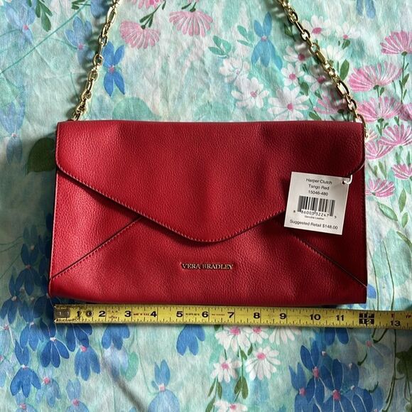 Vera Bradley Harper Leather Envelope Shoulder ClutchTango Red - Picture 11 of 12
